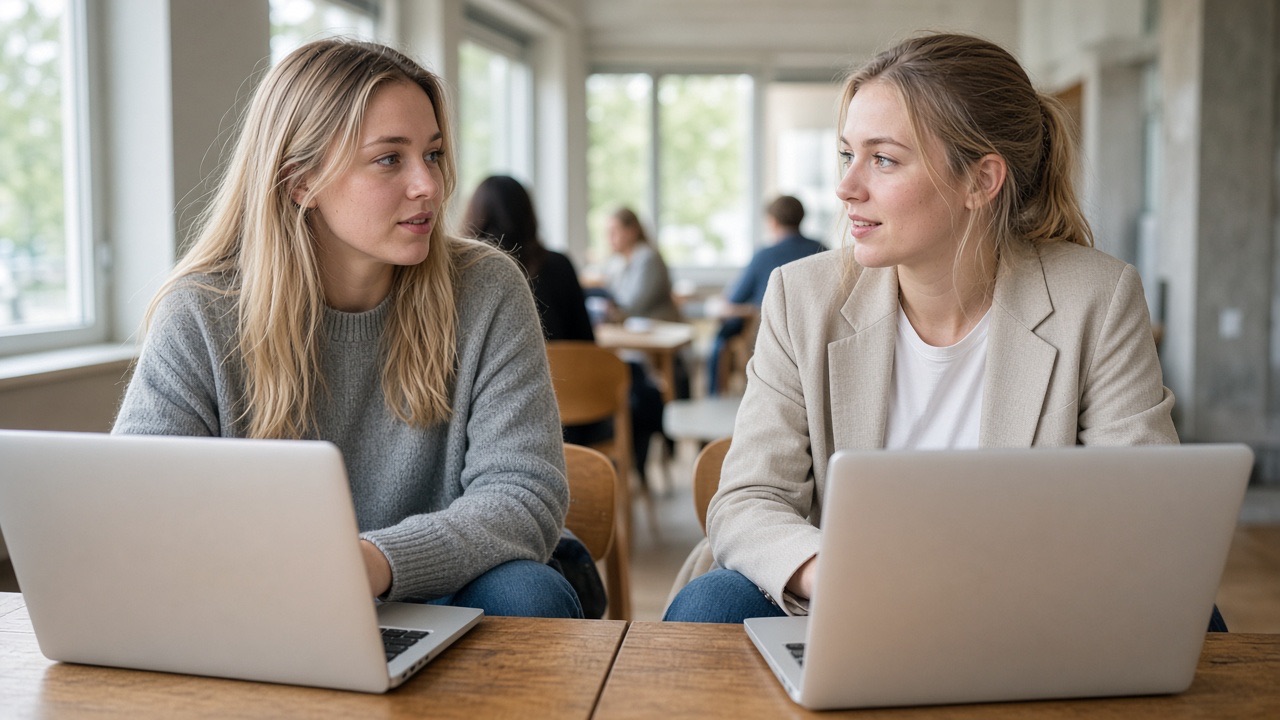 Two students at a table, deciding together on their laptops